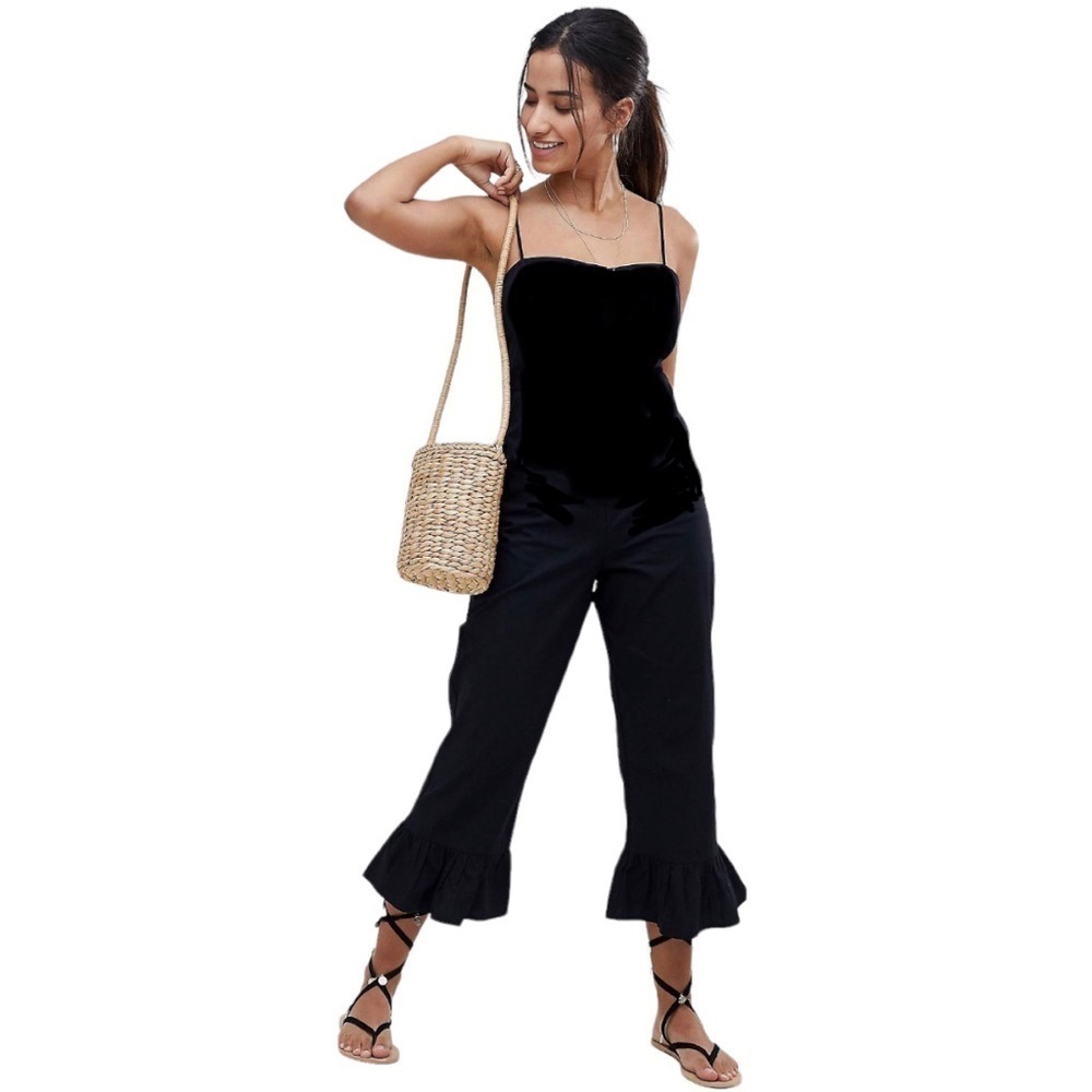 Macc's the Label Black Linen Blend Frill Hem Cropped Capri Jumpsuit Size M